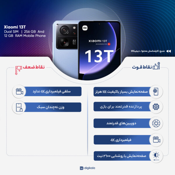 گوشی موبایل شیائومی مدل 13T 5G دو سیم کارت ظرفیت 256 گیگابایت و رم 12 گیگابایت